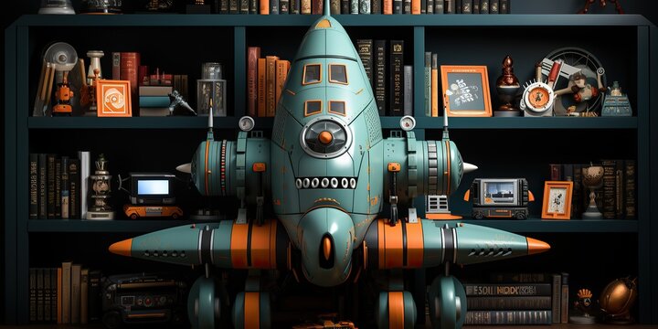 Teal retro-futuristic rocket model with intricate details displayed on a dark bookshelf