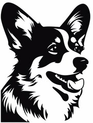 Obraz premium A black and white image of a corgi dog's head. The dog has a big smile, big eyes, and large ears.