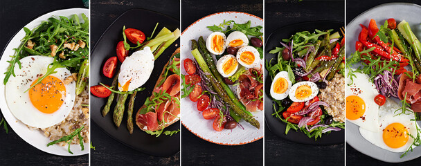 Collage. Healthy breakfast. Morning menu. Healthy balanced food. Top view, overhead