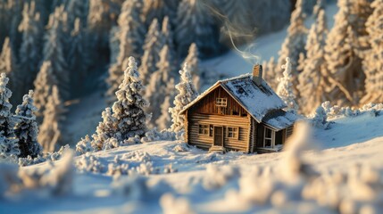 A small, old wooden cabin sits on a snowy hill surrounded by snow-covered evergreen trees. The air is misty, and there's a sense of peace and solitude.