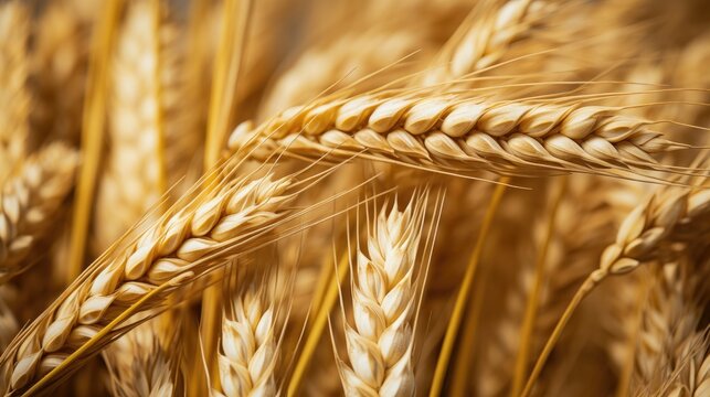 Close-up of wheat ears with sunlight at evening or morning and yellow field as background. Harvest