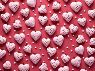 A red background with many white heart-shaped strawberries scattered across it. Some of the strawberries are placed in the center, while others are scattered around, creating a visually appealing patt