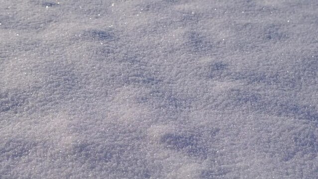 Snow cover close-up. Snow texture. The snow lies in a smooth, even layer, close-up. Snow background
