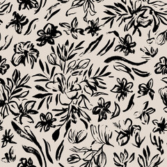 Obraz premium Floral pattern, monochrome flowers pattern, textile print.