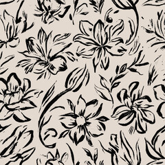 Floral pattern, monochrome flowers pattern, textile print.