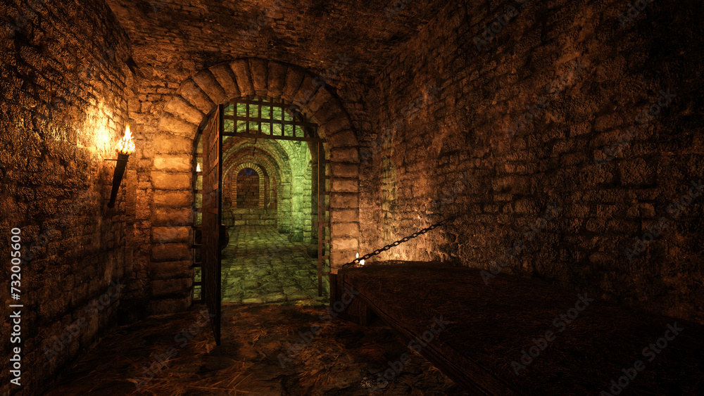 Poster Dark miserable empty cell in a medieval dungeon with bed hanging by chains from the wall. 3D render.