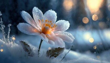 Winter landscape. Frozen flower - selective focus. Winter scene.	
