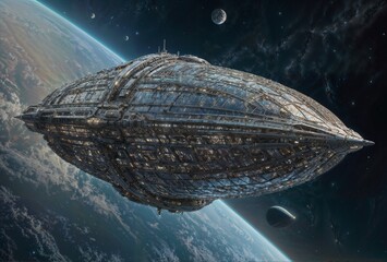 Obraz premium In a celestial-themed fashion photograph, a chilling interstellar ship graces the frame, evoking a sense of otherworldly elegance