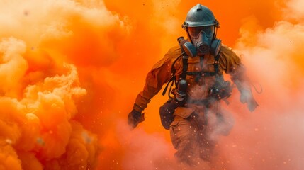 Fototapeta premium Rescue man in firefighter uniform and oxygen mask walk through orange signal smoke