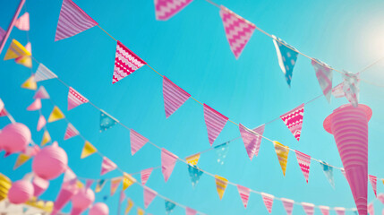 Obraz premium Colorful Festival Flags, Decorative Bunting Against Blue Sky, Outdoor Celebration and Party Decor