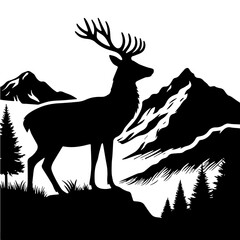 deer in the forest, Silhouette of deer, doe, fawn standing on meadow in forrest. Silhouette of animal, trees, grass. .  gray illustration