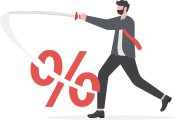 Businessman cut percent with his sword. Interest rate cut concept
