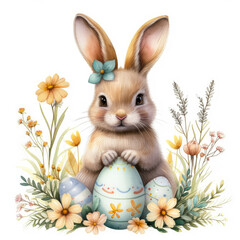 Watercolour illustration of cute Easter bunny with painted eggs and flowers, cartoon character isolated on white background.