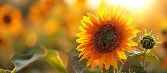 Fototapeta premium A close-up view of a sunflower with sunlight filtering through its leaves, showcasing the intricate details of its petals. (Macro photography)