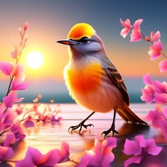 A beautiful, colorful bird standing with a group of flowers around it, and the sun appearing in the background