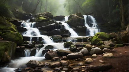 Poster waterfall in the forest water cascading over the stones © Muzamil