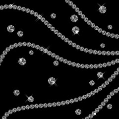 Beautiful embroidery depicting a scattering of diamonds. Shiny, silver and black print with diamonds, embroidery and jewelry. Fashionable abstract background. A piece of cloth with diamonds. - obrazy, fototapety, plakaty