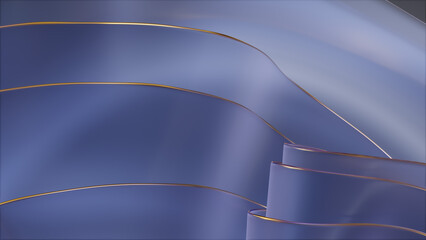 3D rendered image. Close up shot of abstract shape wavy cloth with semitransparent material and golden edge.