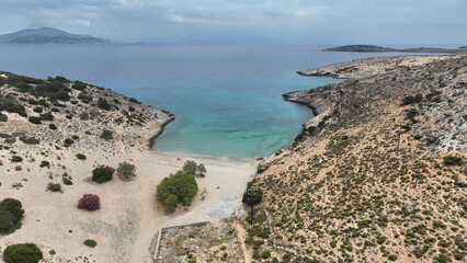 Fototapeta na wymiar Aerial drone photo of paradise secluded beach of Psili Amos in small island of Schoinousa, Small Cyclades, Greece