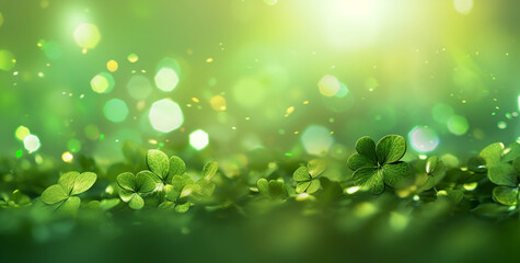 St. Patrick's Day clover confetti with green bokeh