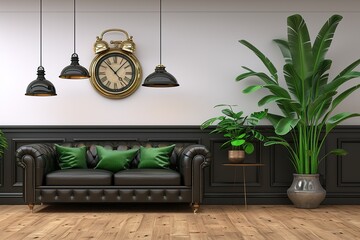 New cozy sofa on light wall background.