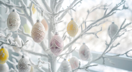 white decorative Christmas tree with colorful Easter eggs