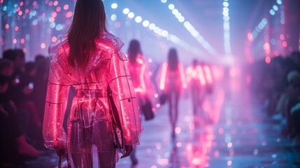Fashion runway that showcases a blend of late 90s and early 2000s fashion trends futuristic...