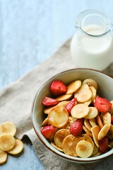 Blue Bowl With Cereal Tiny Pancake With Strawberries Maple Syrup Marble Board Trendy Food Conceptxd