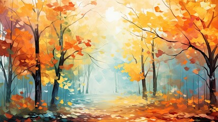 Painting autumn forest and colorful leaves. banner, wallpaper