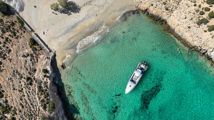 Aerial drone photo of paradise secluded beach of Psili Amos in small island of Schoinousa, Small Cyclades, Greece