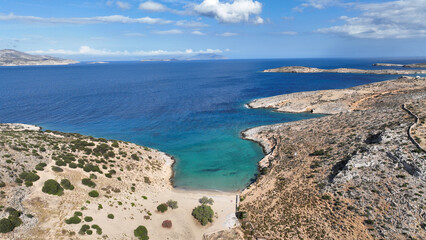 Aerial drone photo of paradise secluded beach of Psili Amos in small island of Schoinousa, Small Cyclades, Greece