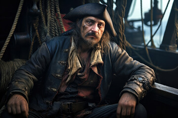 Fototapeta premium Privateer Klaus Störtebeker waiting to attack a cog ship of the Hanseatic League