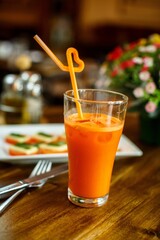 Fresh Carrot Juice Lettuce Wooden Table