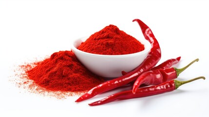 Red hot chili peppers and powder isolated on white background. spicy - obrazy, fototapety, plakaty