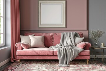 Pink sofa with two blankets and cushions standing in sitting room interior with windows with curtains, patterned carpet and empty frame on the wall.