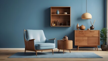 living interior with sofa This is a 3D render of a modern, mid-century living room with a leather armchair and a wood cabinet on a blue wall and wood floor.	