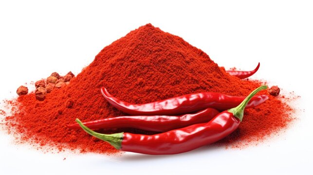 Red hot chili peppers and powder isolated on white background. spicy