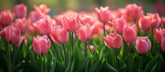 Obraz premium A natural landscape with a variety of flowering plants, including pink tulips with green leaves, basking in sunlight
