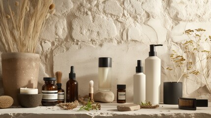 Fototapeta na wymiar skincare Products Display with Natural Elements