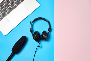 Music Podcast Background With Headphones Microphone Coffee Laptop Pink Table Flat Lay Top View Flat Lay
