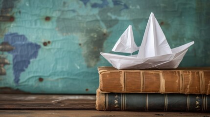 A stack of old books serves as a base for a small paper ship.