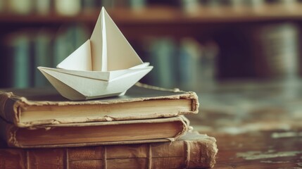 
A small paper ship rests atop a stack of aged books.