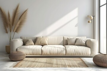Scandinavian style living room interior mock up, modern living room interior background, beige sofa and pampas grass, 3d rendering.