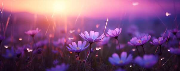 Fototapeta na wymiar Field of purple wild flowers in the morning warm light, generative AI