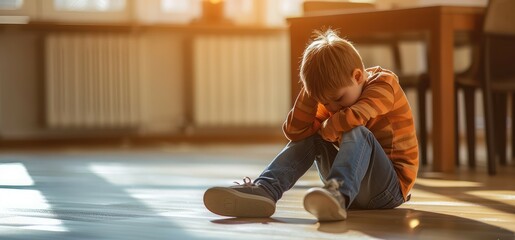 
An upset child with their head in their hands sits on the floor, representing concepts such as bullying, depression, stress, or frustration at home. - obrazy, fototapety, plakaty