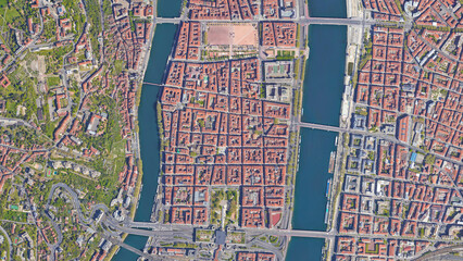 Lyon, looking down aerial view from above – Bird’s eye view Rhone and Saone river Lyon, France 