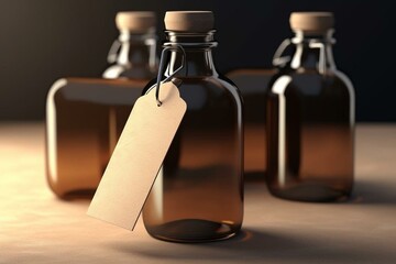 3D-rendered illustration of a blank label and hang tag on a bottle for branding and mock-up. Generative AI