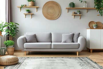 Simple, gray sofa standing next to a white cupboard in living room interior with decorations on wooden shelves. Real photo.