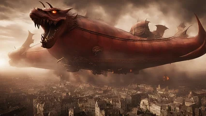 Fotobehang landscape with dragon A giant airship, shaped like a demon dragon, flies over a burning city. The airship is armed  © Jared