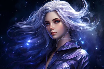 Galactic princess with cascading silver hair and striking lavender eyes in a dynamic sci-fi setting, surrounded by fine line textures and dramatic lighting.